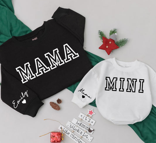 Personalized Mama and Mini Matching Sweatshirts Cute Baby Girl Outfit Christmas Family Gift with Custom Name Sleeve