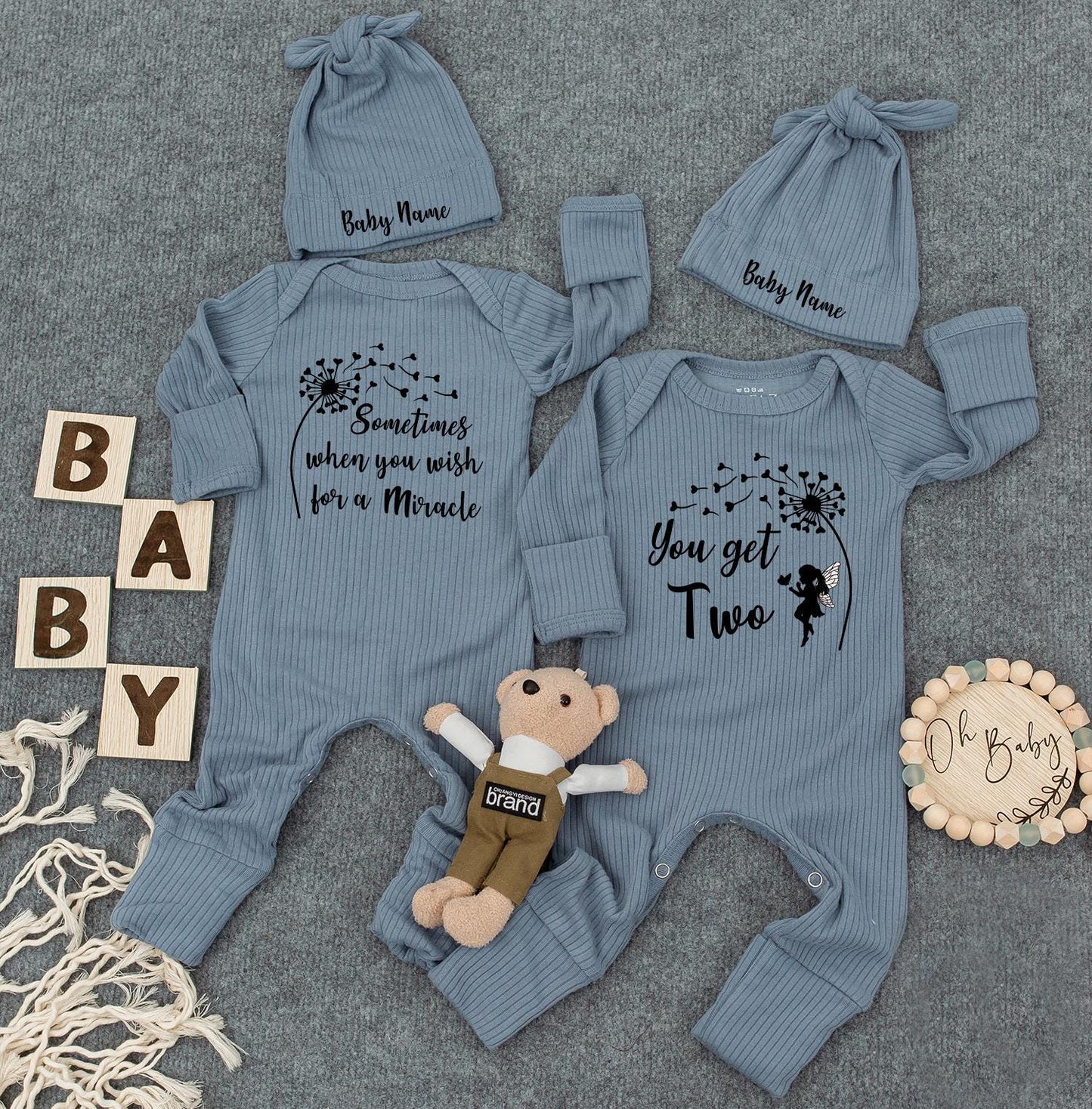 Miracle & Two Bodysuit Twin Set, Dandelion Wish, Custom Baby Name Hat, Whimsical Newborn Outfit, Soft Infant Clothes, Perfect Baby Shower Gift 138