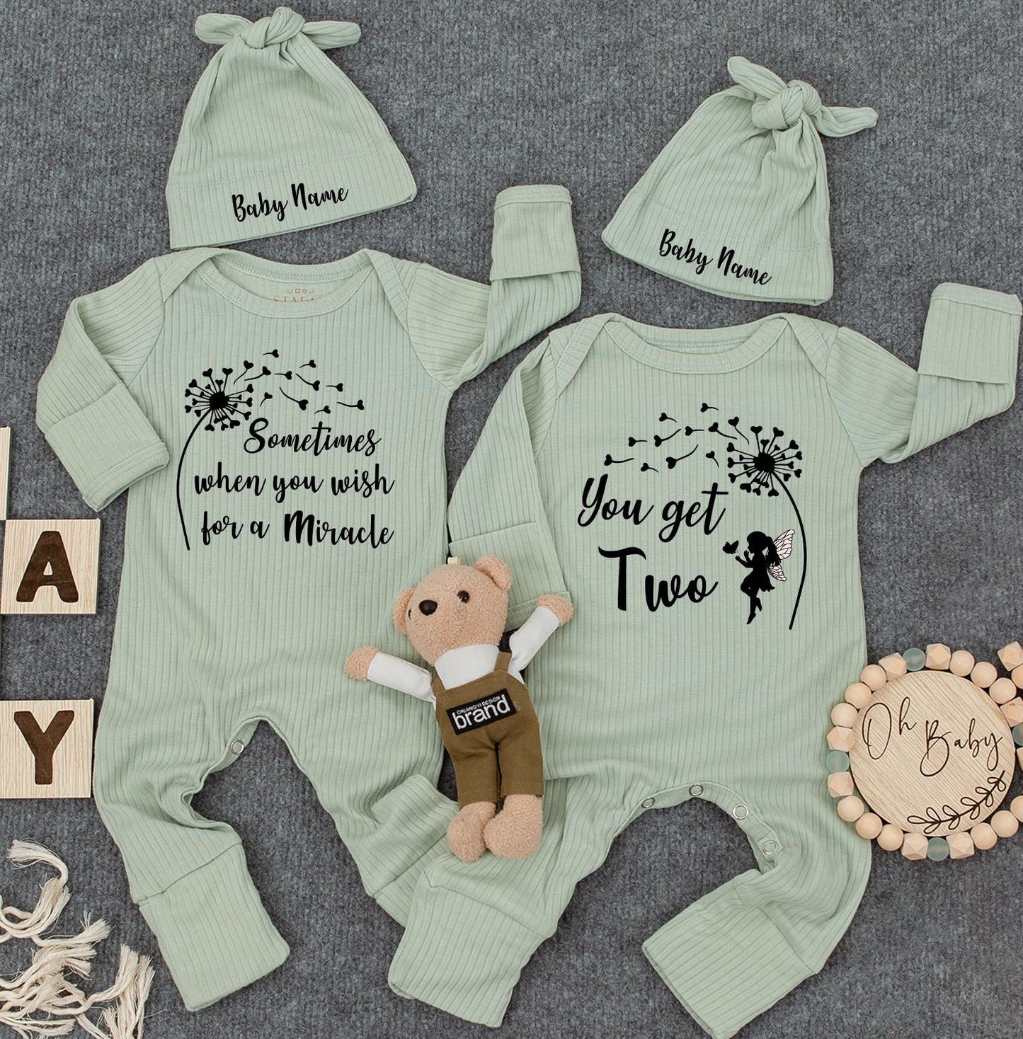 Miracle & Two Bodysuit Twin Set, Dandelion Wish, Custom Baby Name Hat, Whimsical Newborn Outfit, Soft Infant Clothes, Perfect Baby Shower Gift 138