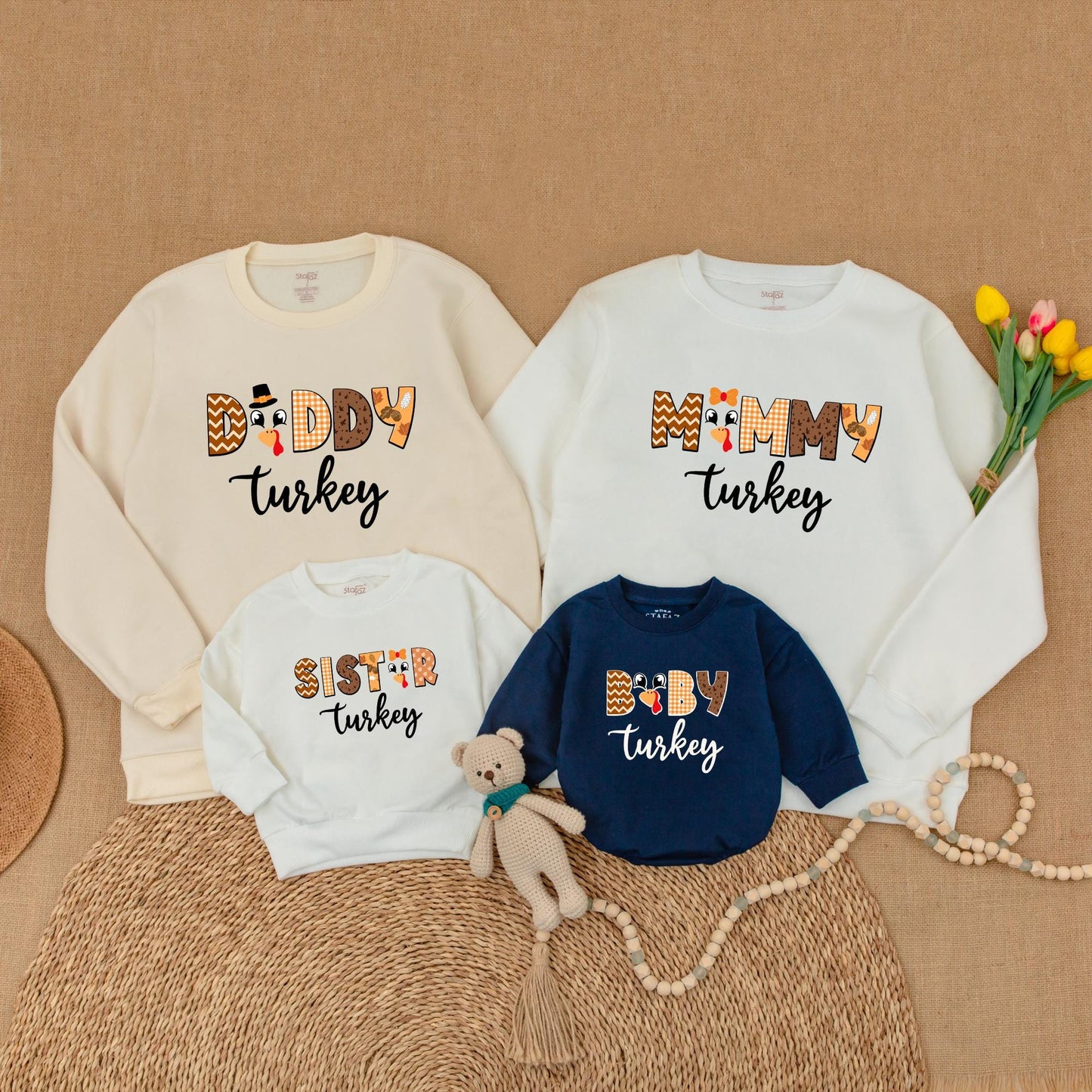 Matching Family Turkey Thanksgiving Sweatshirts: Retro Fall Outfits for Mommy, Daddy, Brother & Baby - Pumpkin Spice Season's Cutest Turkey Look! (139 chars)