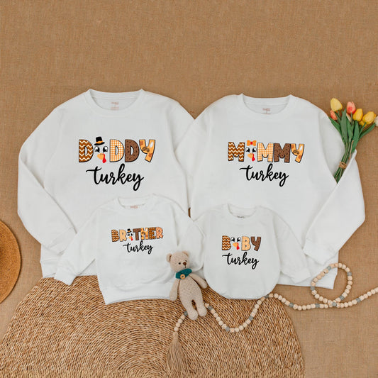 Matching Family Turkey Thanksgiving Sweatshirts: Retro Fall Outfits for Mommy, Daddy, Brother & Baby - Pumpkin Spice Season's Cutest Turkey Look! (139 chars)