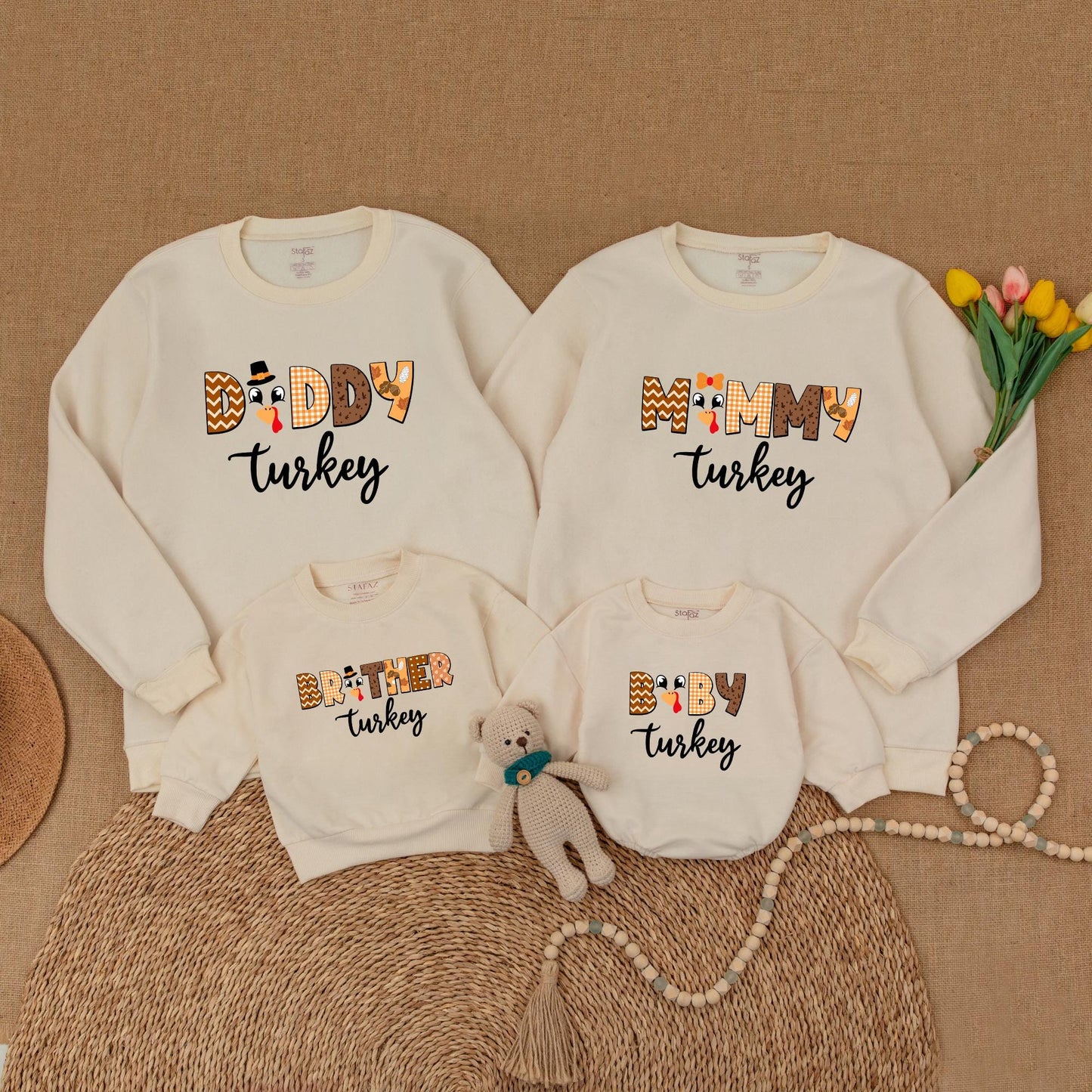 Matching Family Turkey Thanksgiving Sweatshirts: Retro Fall Outfits for Mommy, Daddy, Brother & Baby - Pumpkin Spice Season's Cutest Turkey Look! (139 chars)