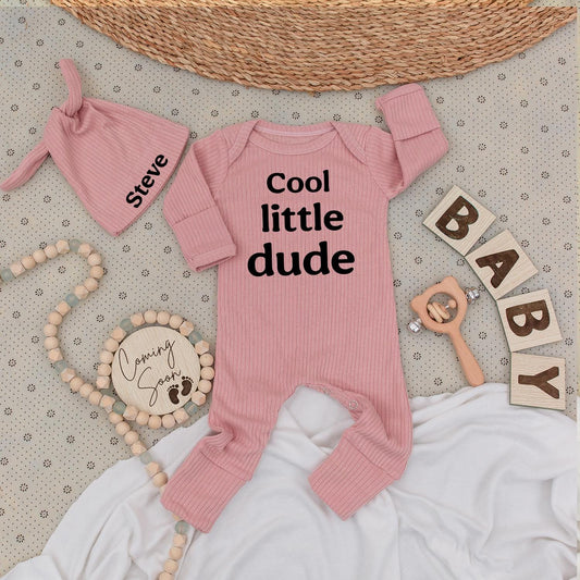 Personalized Cool Little Dude Baby Boy Bodysuit and Name Hat Set Newborn Coming Soon Big Brother Gift Outfit Modern Soft Cotton Announcement Wear