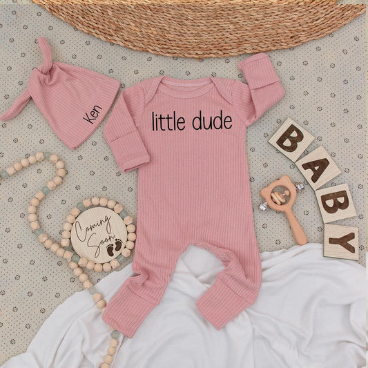 Little Dude Baby Bodysuit & Hat Set Custom Name Gift for Newborn Shower Modern Minimalist Design Black Font Comfortable Cotton Everyday Outfit