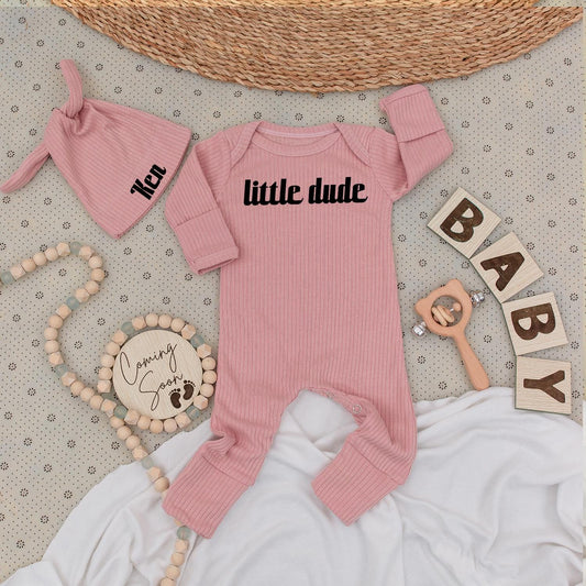 Little Dude Bodysuit & Hat Set - Personalized Baby Gift with Custom Name Ken, Modern Newborn Outfit Coming Home Clothes, Cute Baby Shower Gift Set
