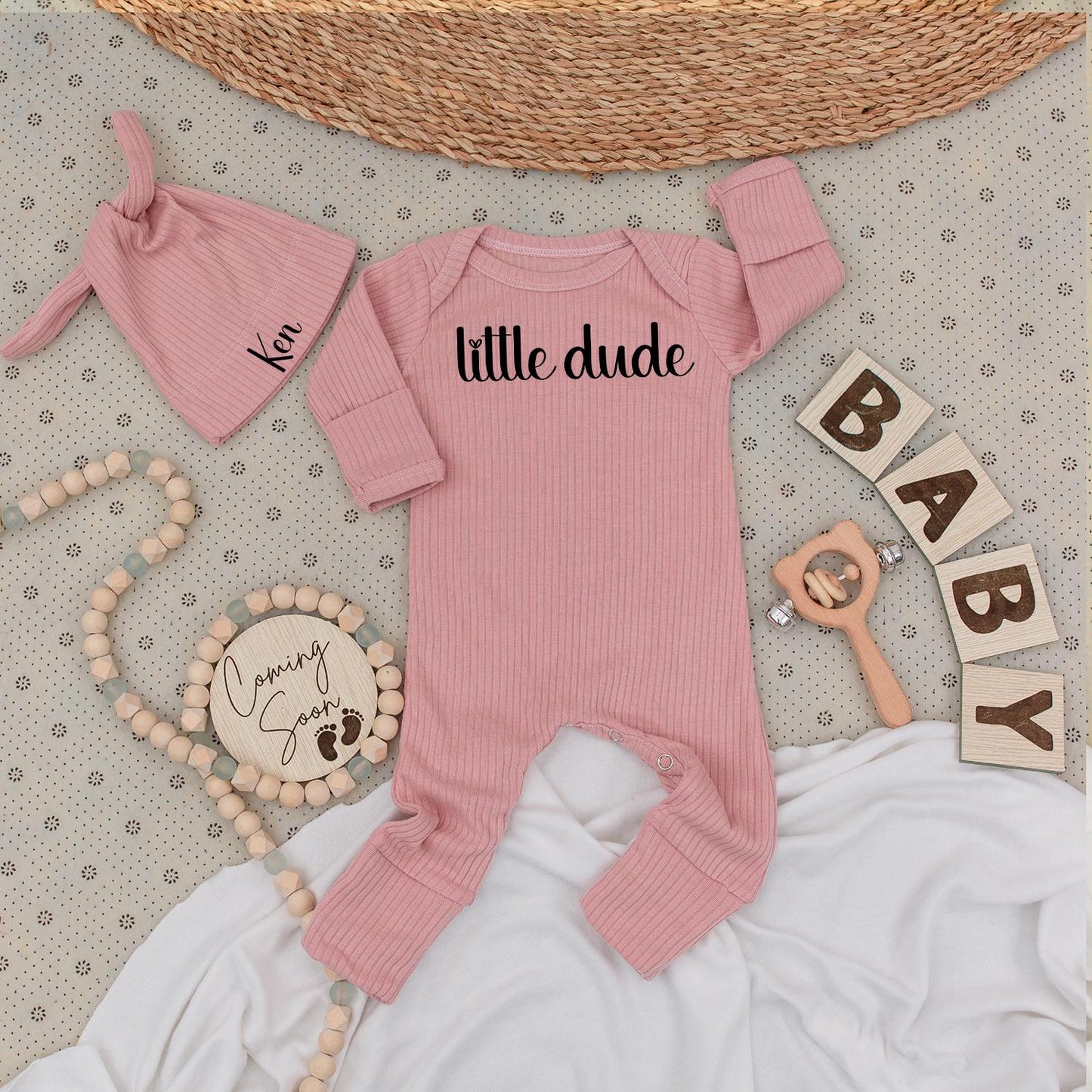 Little Dude Bodysuit & Ken Hat Set Personalized Baby Gift Newborn Shower Outfit Black Cursive Design Modern Announcement