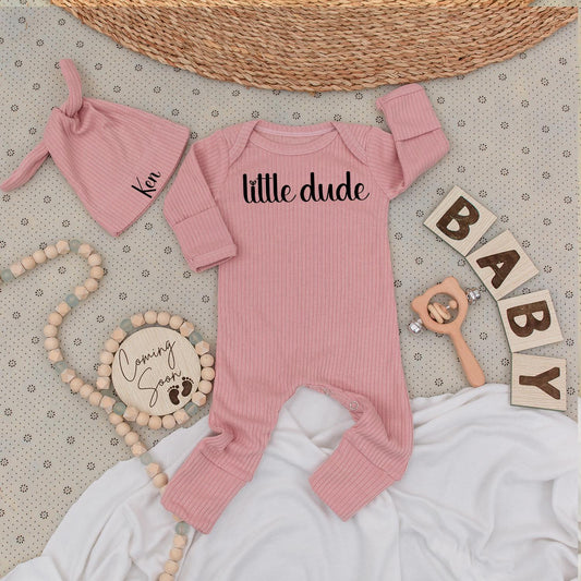 Little Dude Bodysuit & Ken Hat Set Personalized Baby Gift Newborn Shower Outfit Black Cursive Design Modern Announcement