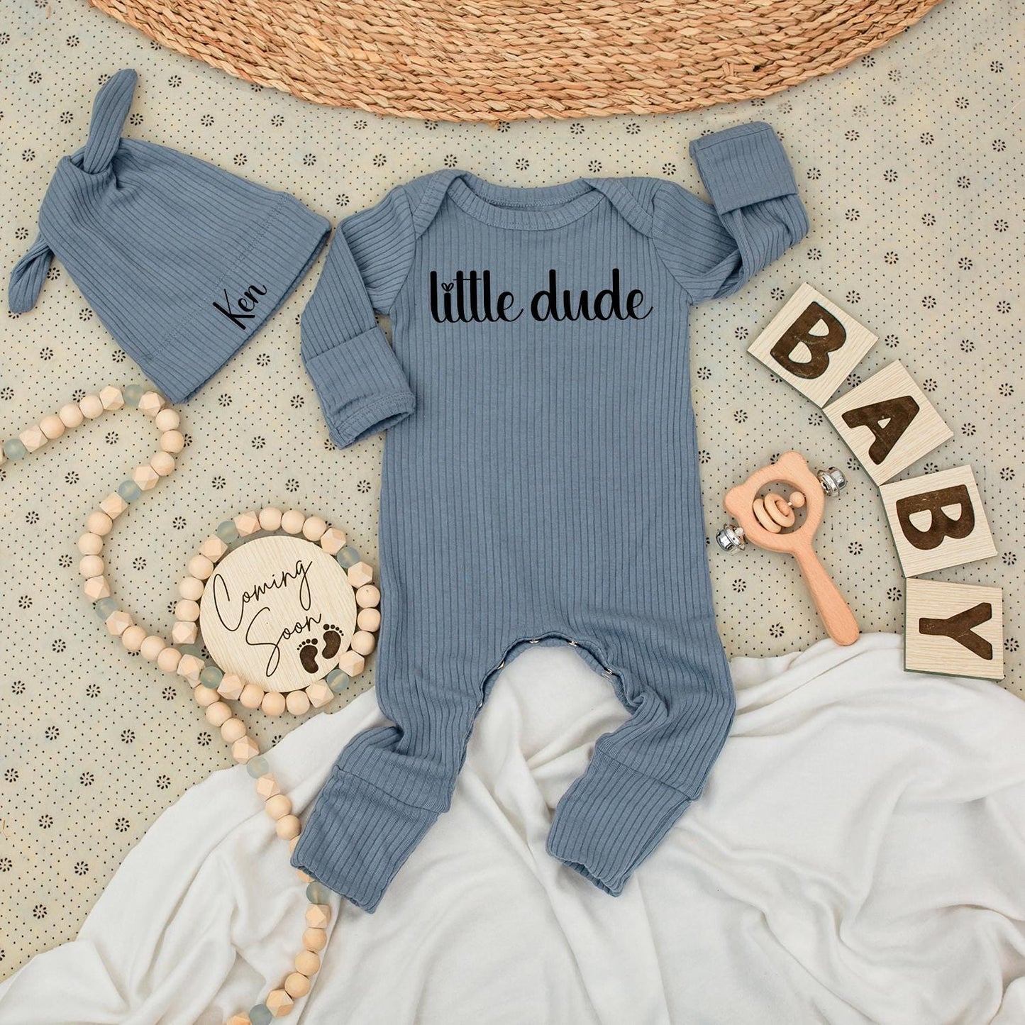 Little Dude Bodysuit & Ken Hat Set Personalized Baby Gift Newborn Shower Outfit Black Cursive Design Modern Announcement