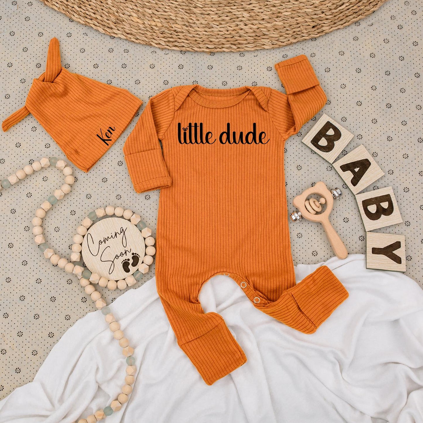 Little Dude Bodysuit & Ken Hat Set Personalized Baby Gift Newborn Shower Outfit Black Cursive Design Modern Announcement