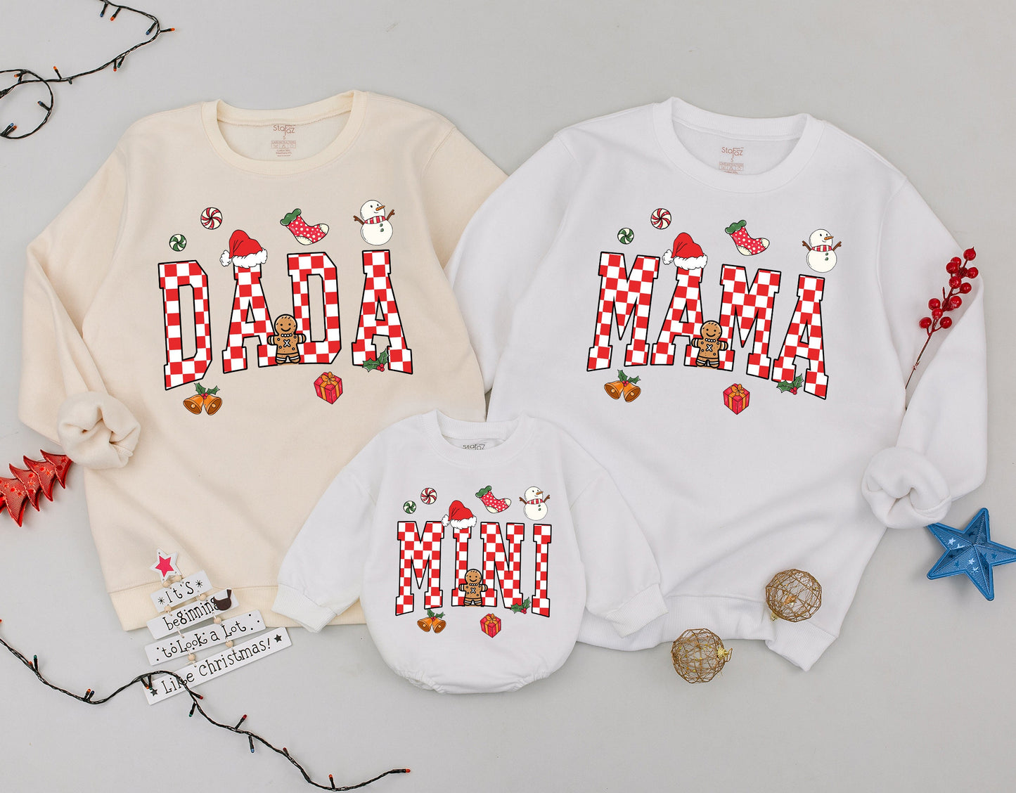 Retro Checkered "Mama Dada Mini" Family Christmas Sweaters Cozy Holiday Matching Outfits Red White Green Playful Festive
