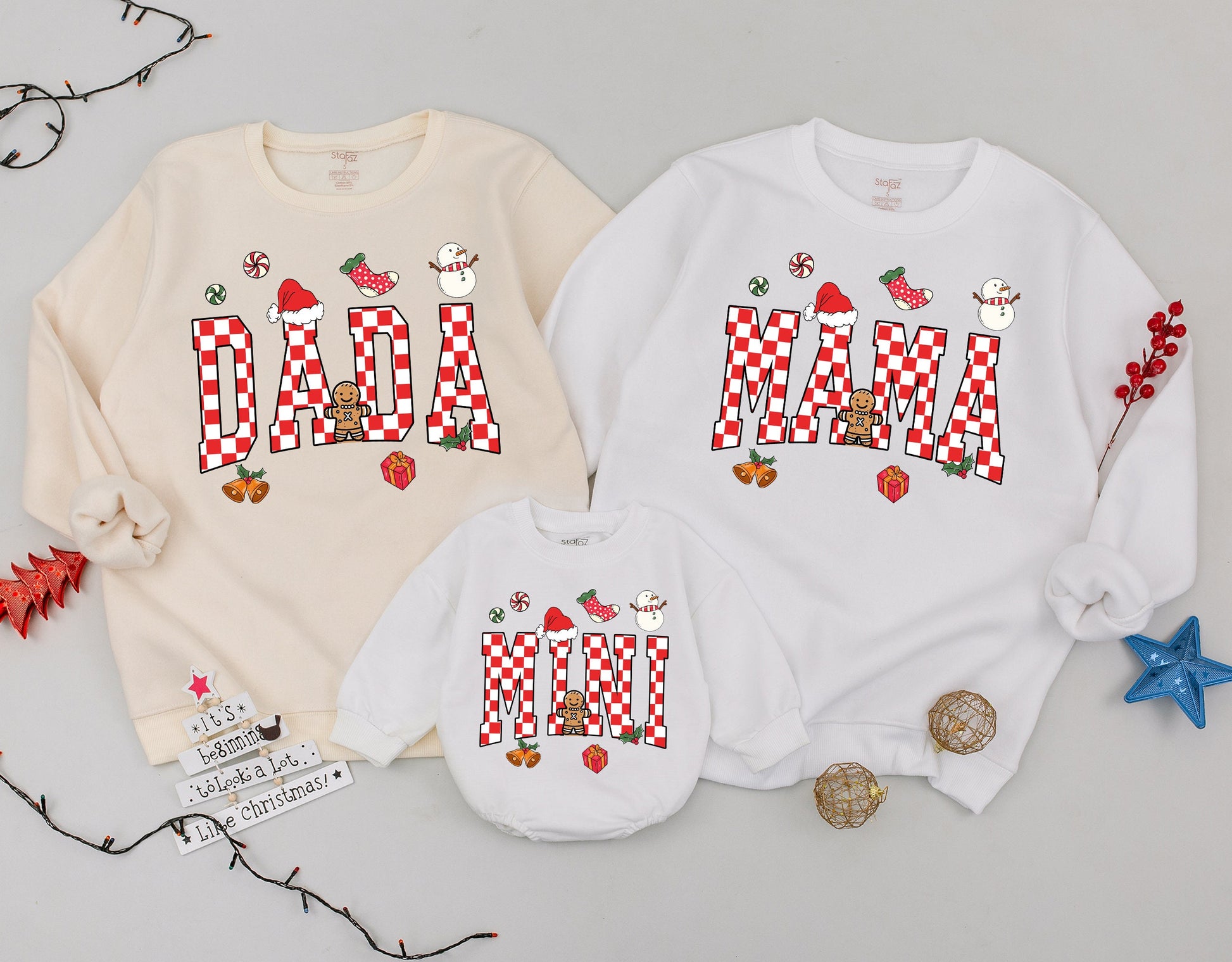 Retro Checkered "Mama Dada Mini" Family Christmas Sweaters Cozy Holiday Matching Outfits Red White Green Playful Festive