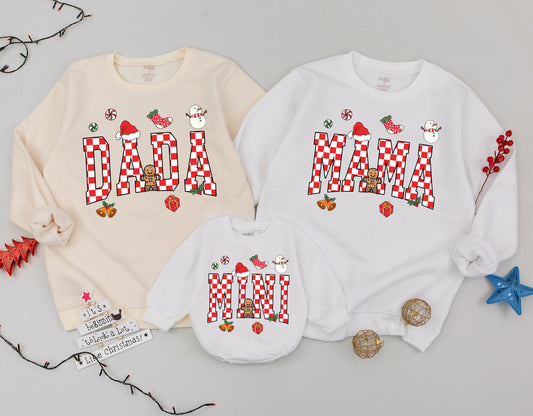 Retro Checkered "Mama Dada Mini" Family Christmas Sweaters Cozy Holiday Matching Outfits Red White Green Playful Festive