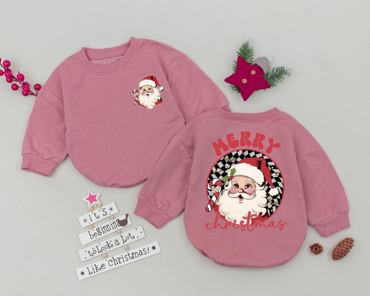 Retro Santa Christmas Romper, Newborn Outfit, Vintage Style Baby Clothes, Xmas Gift, Baby Shower Gift, First Christmas, Checkered Holly Design, 138 chars