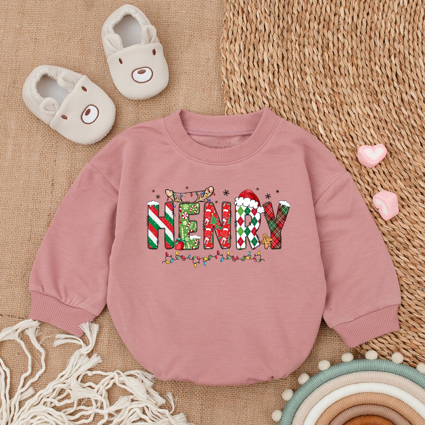 Customized Christmas Baby Bubble Romper Festive Name Patterned Letters Holiday Lights Newborn Bodysuit Sweatshirt Gingerbread