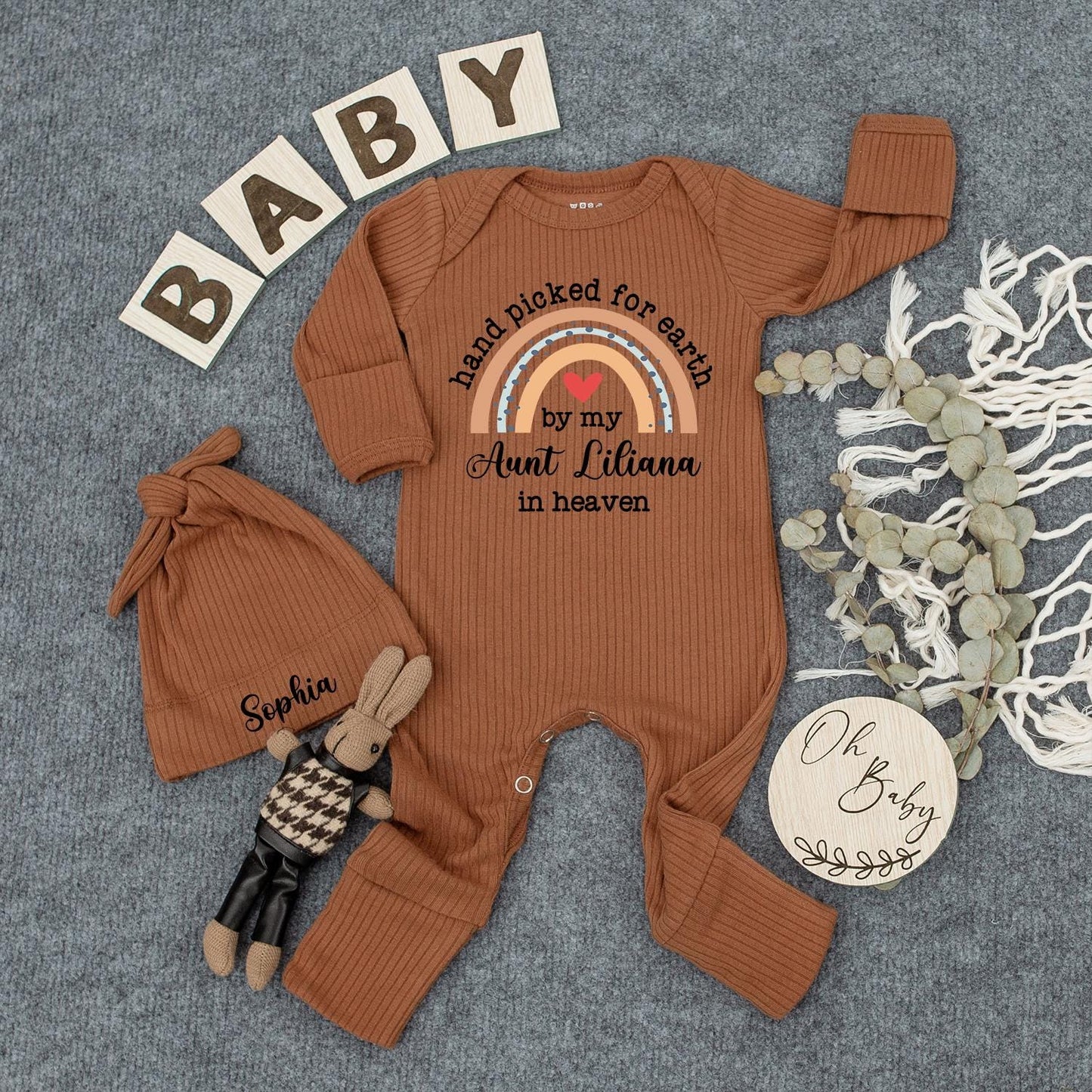 Custom Hand Picked for Earth by My Grandma in Heaven Bodysuit Soft Peach Blue Beige Rainbow Baby Shower Gift Newborn Clothes