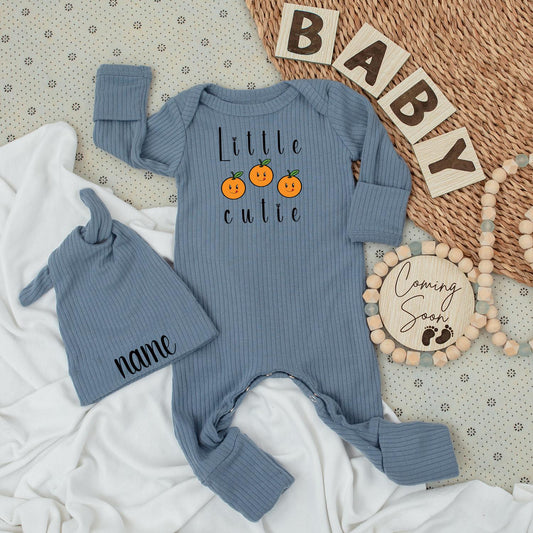 Little Cutie Bodysuit & Hat Set Personalized with Name, Sweet Cartoon Orange Illustrations, Newborn Outfit Coming Home Gift Cute Unisex Baby Clothes
