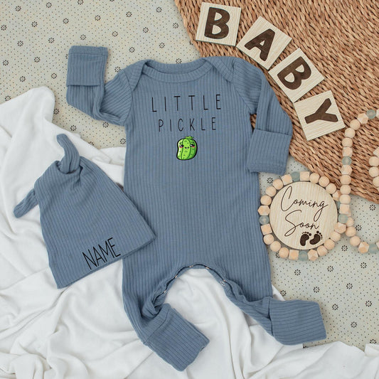 Little Pickle Baby Bodysuit and Hat Set Cute Green Pickle Design New Baby Gift Going Home Outfit Organic Cotton