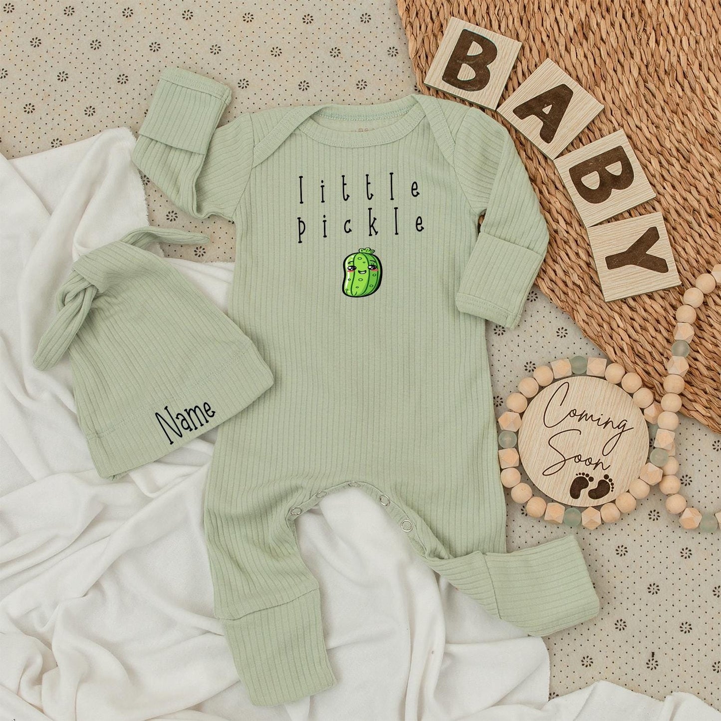 Little Pickle Baby Bodysuit and Hat Set Cute Smiling Pickle Graphic Outfit for Newborns and Infants New Baby Gift