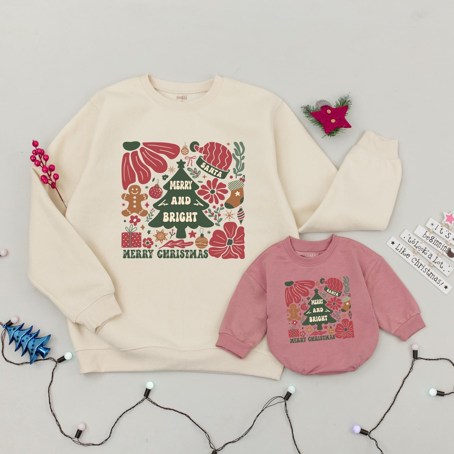 Retro Boho Christmas Sweaters & Baby Rompers: Mommy & Me Outfits