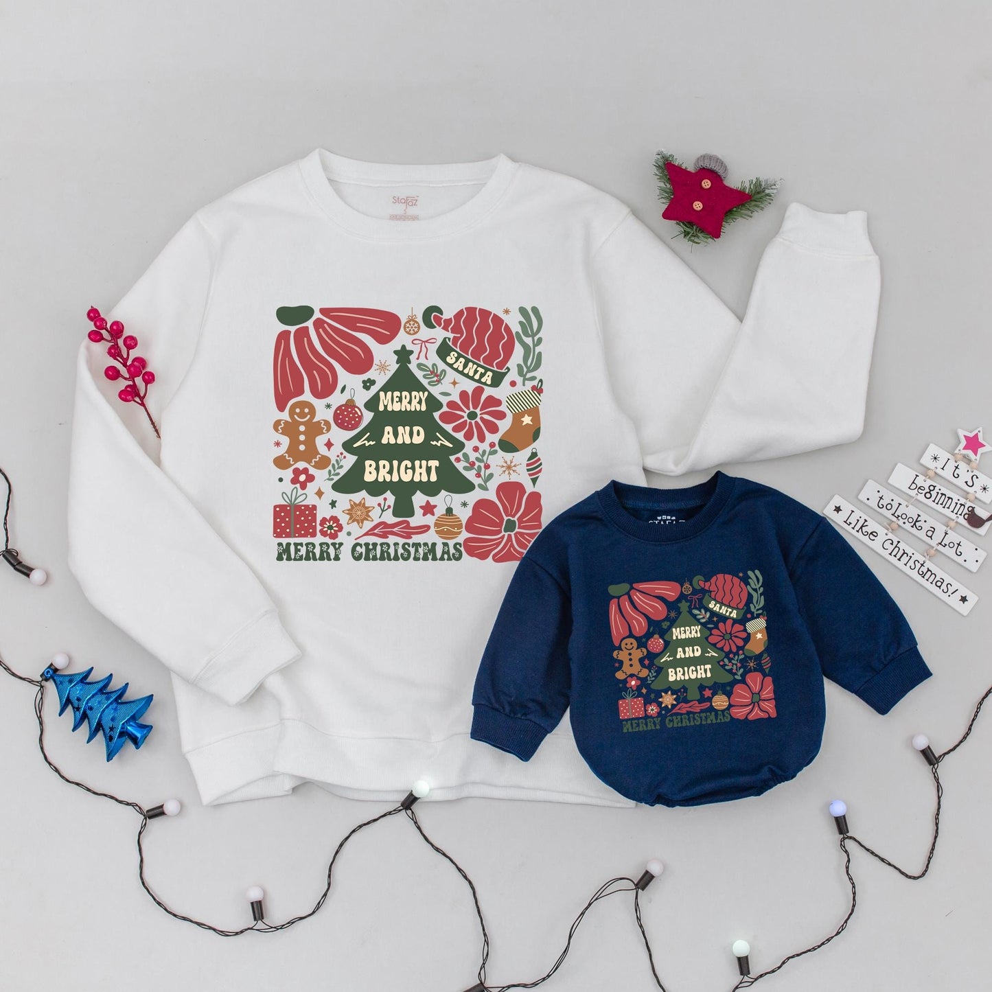 Retro Boho Christmas Sweaters & Baby Rompers: Mommy & Me Outfits