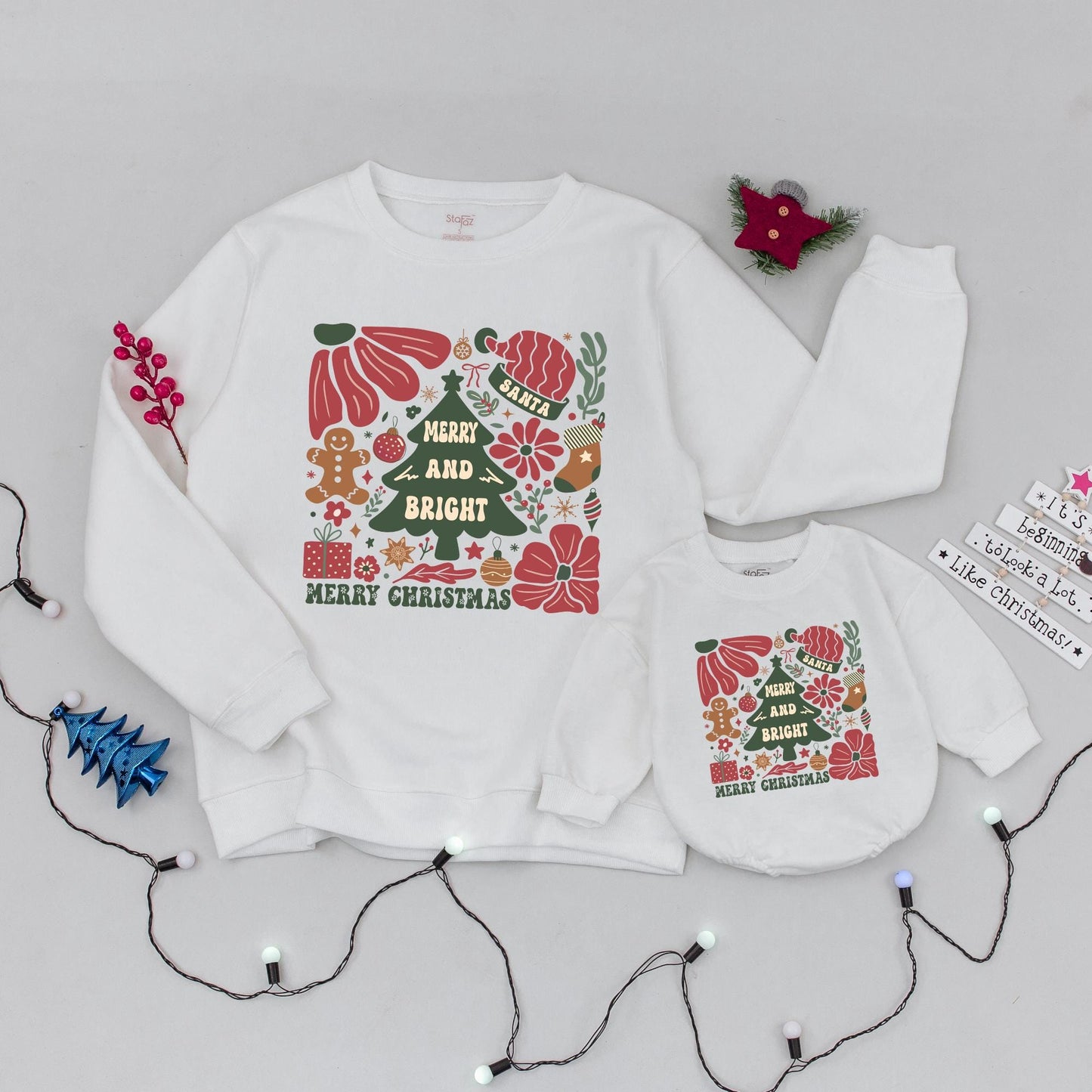 Retro Boho Christmas Sweaters & Baby Rompers: Mommy & Me Outfits