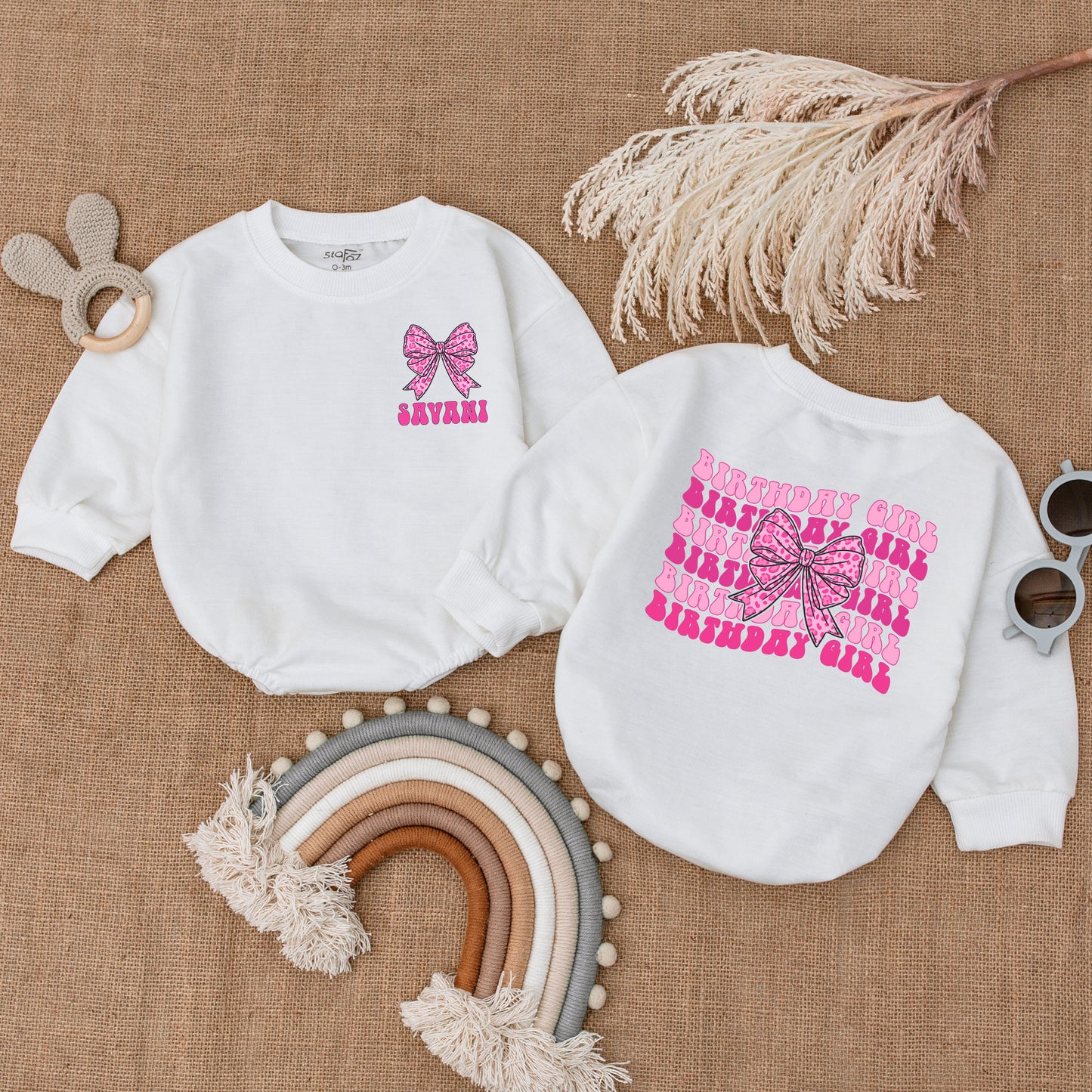Pink Bow Birthday Girl Romper Baby Personalized JAVANI Name Retro Wavy Text Outfit First Birthday Celebration
