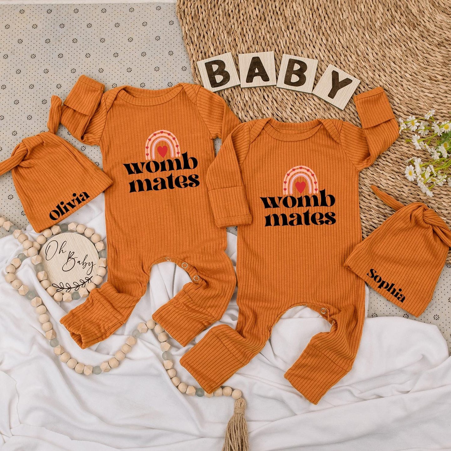 Womb Mates Twin Baby Bodysuit Set with Hats, Rainbow Heart Design | Newborn Girl or Boy Gift | Personalized Olivia & Sophia Matching Outfit 136