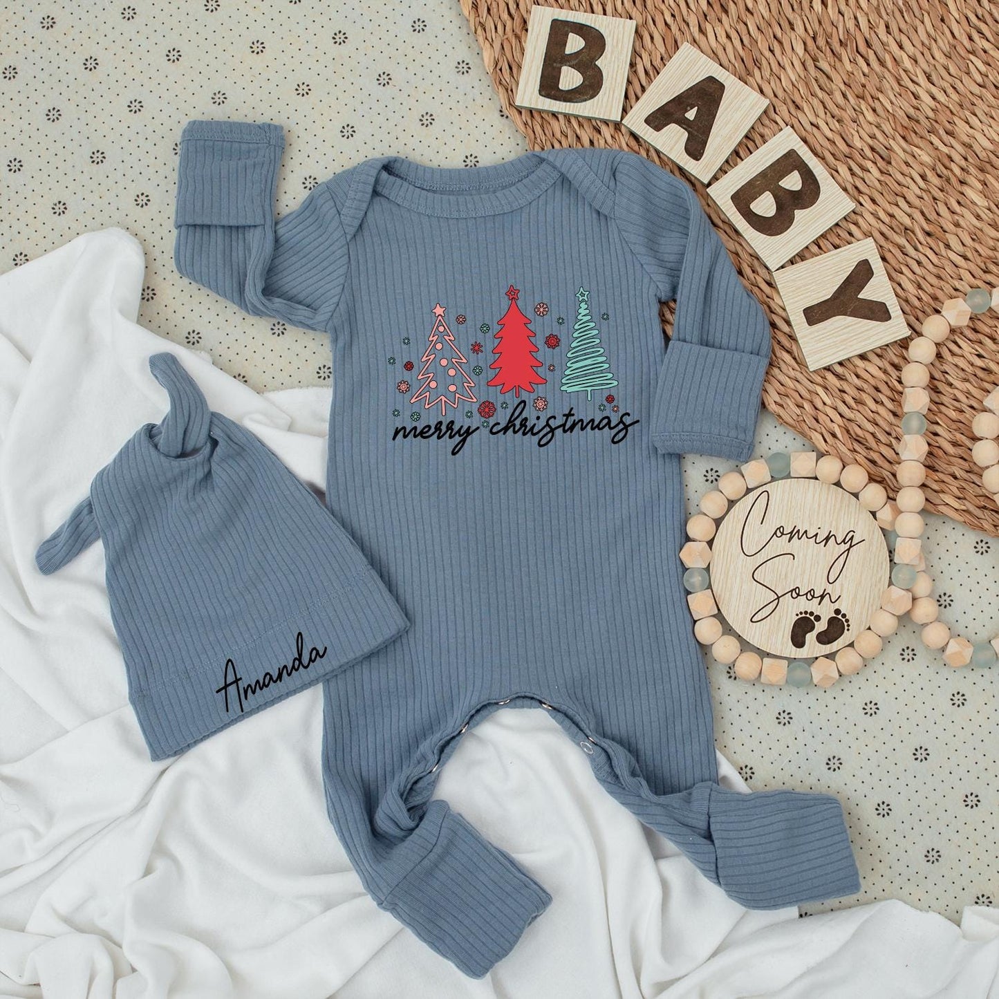 Merry Christmas Baby Bodysuit & Hat Set with Pink, Red, Teal Trees, Cursive Text and Amanda Hat Newborn Outfit Xmas Baby Girl Gift