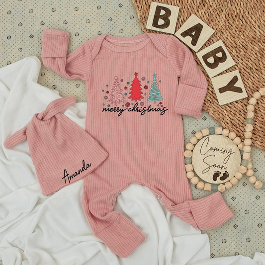 Merry Christmas Baby Bodysuit & Hat Set with Pink, Red, Teal Trees, Cursive Text and Amanda Hat Newborn Outfit Xmas Baby Girl Gift