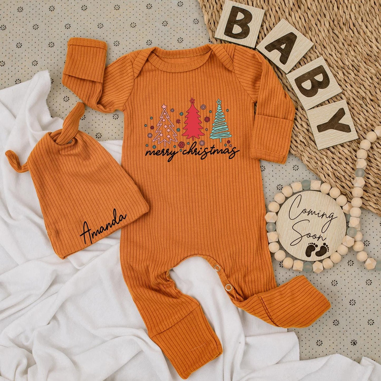 Merry Christmas Baby Bodysuit & Hat Set with Pink, Red, Teal Trees, Cursive Text and Amanda Hat Newborn Outfit Xmas Baby Girl Gift