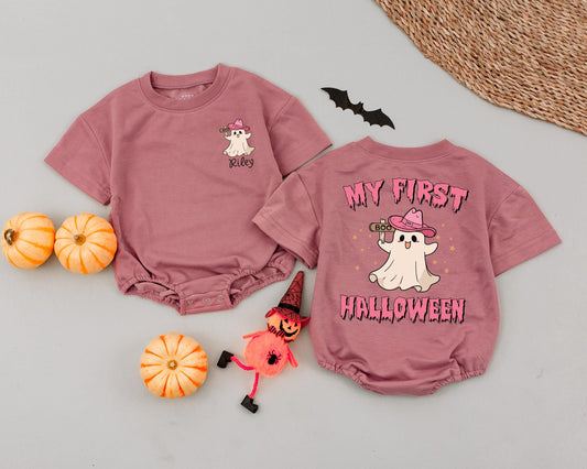 Personalized My First Halloween Baby Romper Vintage Ghost Pink Cowboy Hat Bodysuit Bubble Outfit Cute Fall First Birthday Gift
