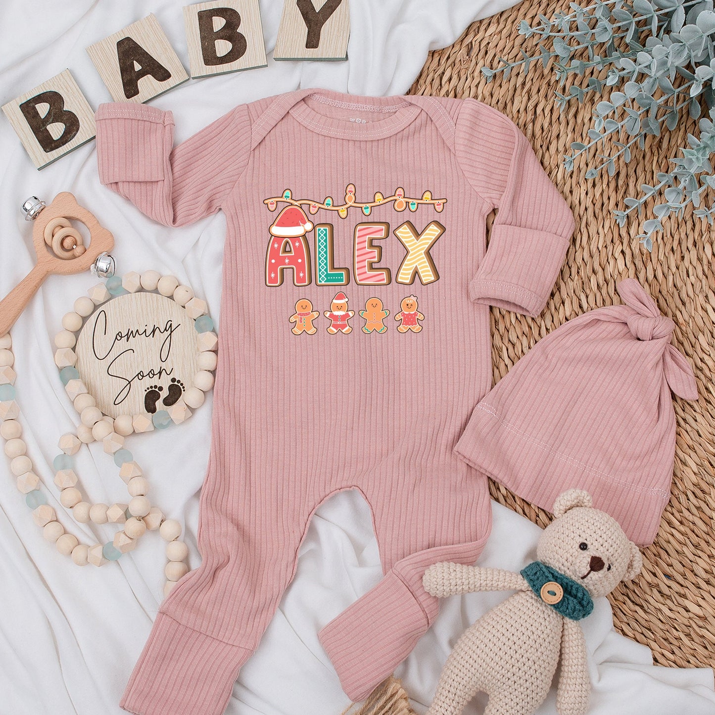 Custom "ALEX" Christmas Baby Bodysuit & Hat Set with Santa Hat A Gingerbread Figures Festive Holiday Infant Romper Baby Shower Gift