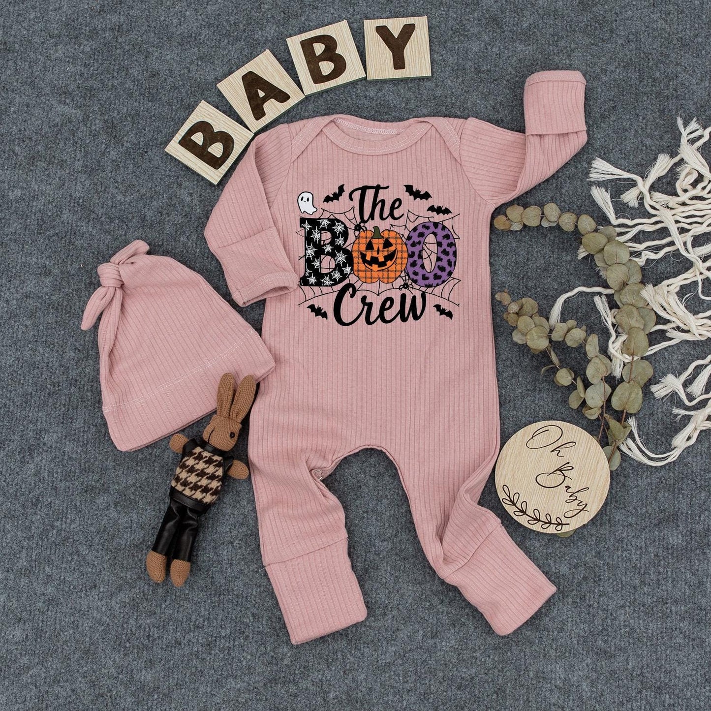 The Boo Crew Baby Outfit, Buffalo Plaid Jack-o'-lantern Bodysuit and Hat Set, Spooky Halloween Newborn Romper Gift, Infant Clothes, Boho Style 139