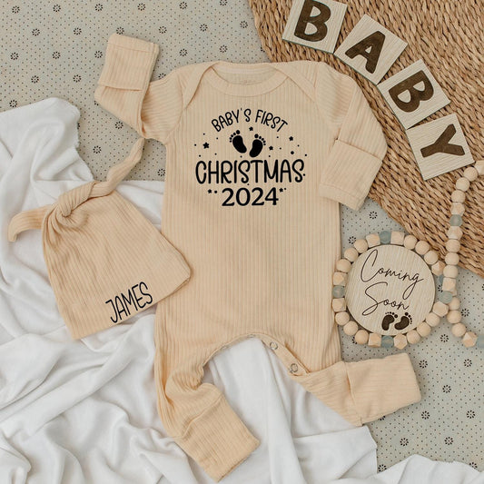 Baby's First Christmas 2024 Romper - Sweet Newborn Outfit with Footprints & Stars, Soft Holiday Going Home Gift for Baby Boys or Girls (138 chars)