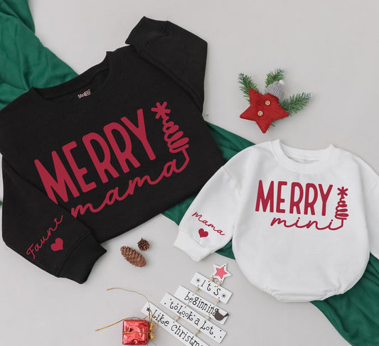 Personalized Merry Mama and Mini Matching Sweatshirts Custom Name Family Christmas Outfit Mama and Baby Girl Daughter Holiday Gift