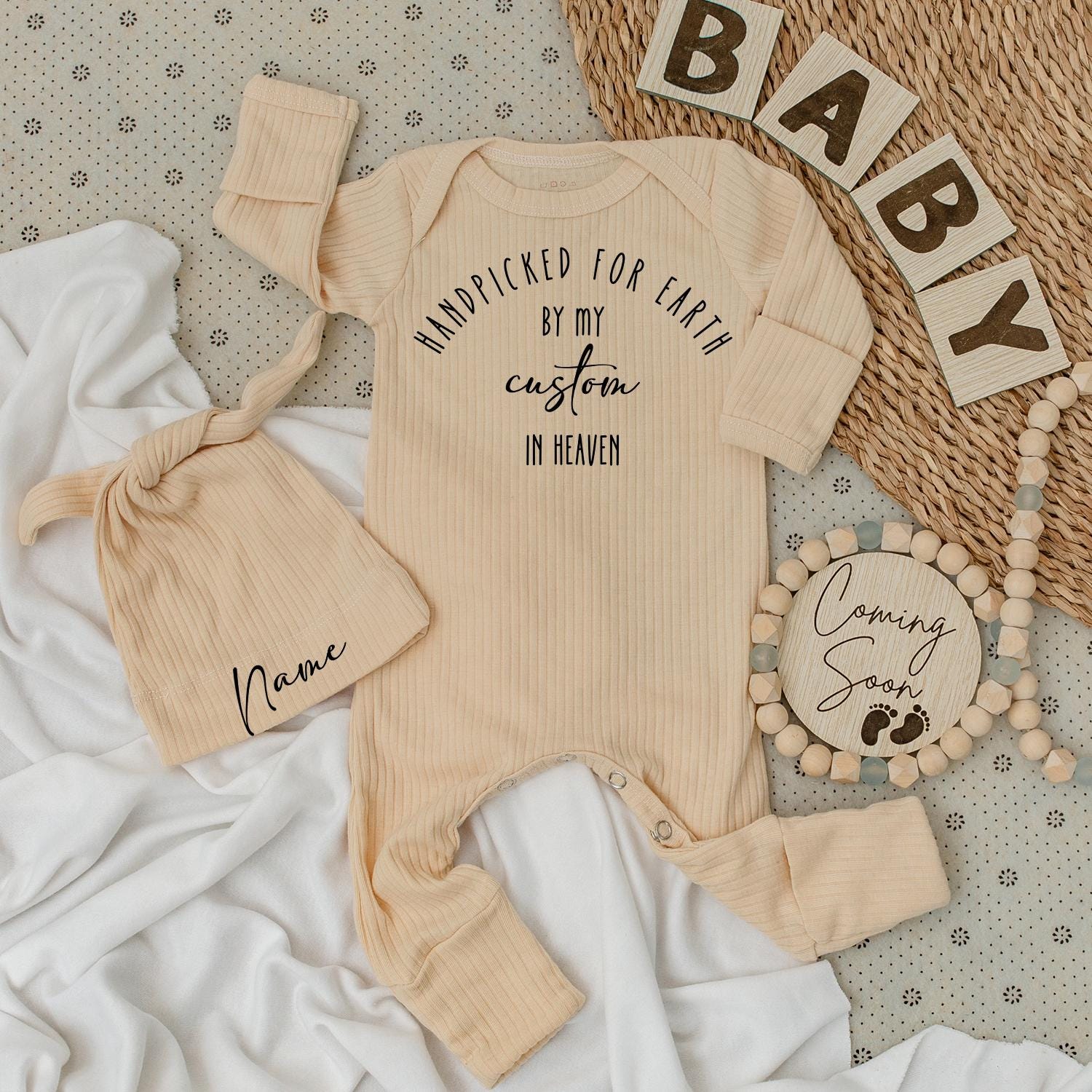 Heaven Sent Custom Name Bodysuit & Hat Set, Handpicked Baby Outfit, Great Grandparent Gift, Personalized Newborn Clothes, Shower Present Idea 139 char