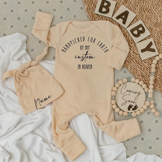 Heaven Sent Custom Name Bodysuit & Hat Set, Handpicked Baby Outfit, Great Grandparent Gift, Personalized Newborn Clothes, Shower Present Idea 139 char