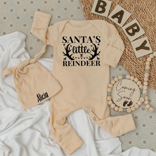 Santa's Little Reindeer Baby Bodysuit and Hat Set Personalized Name Outfit Cute 1st Xmas New Baby Unisex Gift Coming Soon Festive Holiday