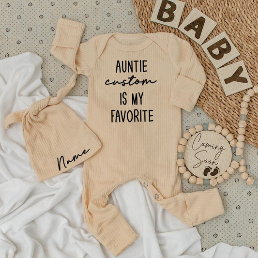 Auntie Is My Favorite Custom Baby Bodysuit & Hat Set - Personalized Name Newborn Gift - Baby Shower Present
