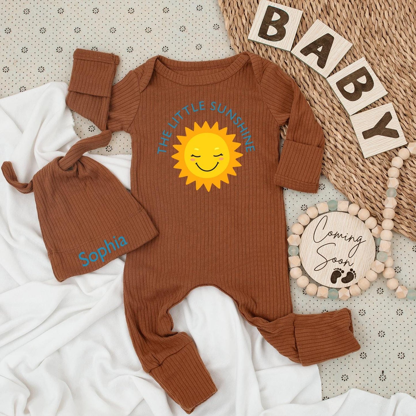 The Little Sunshine Baby Bodysuit & Hat Set Personalized Sophia Name Light Blue Sun Cartoon Newborn Girl Clothes Birthday Gift