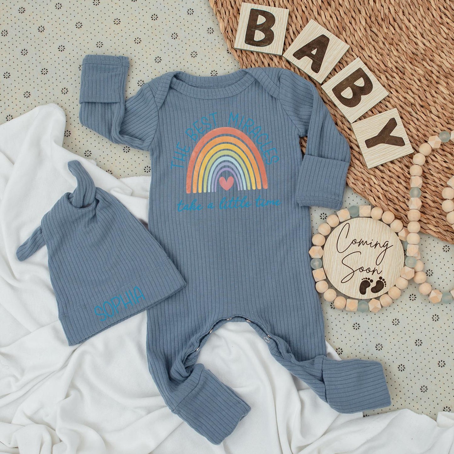 Personalized 'The Best Miracles' Baby Bodysuit & Hat Set with Sweet Pastel Rainbow Design Pink Heart Muted Teal Baby Girl Newborn Gift