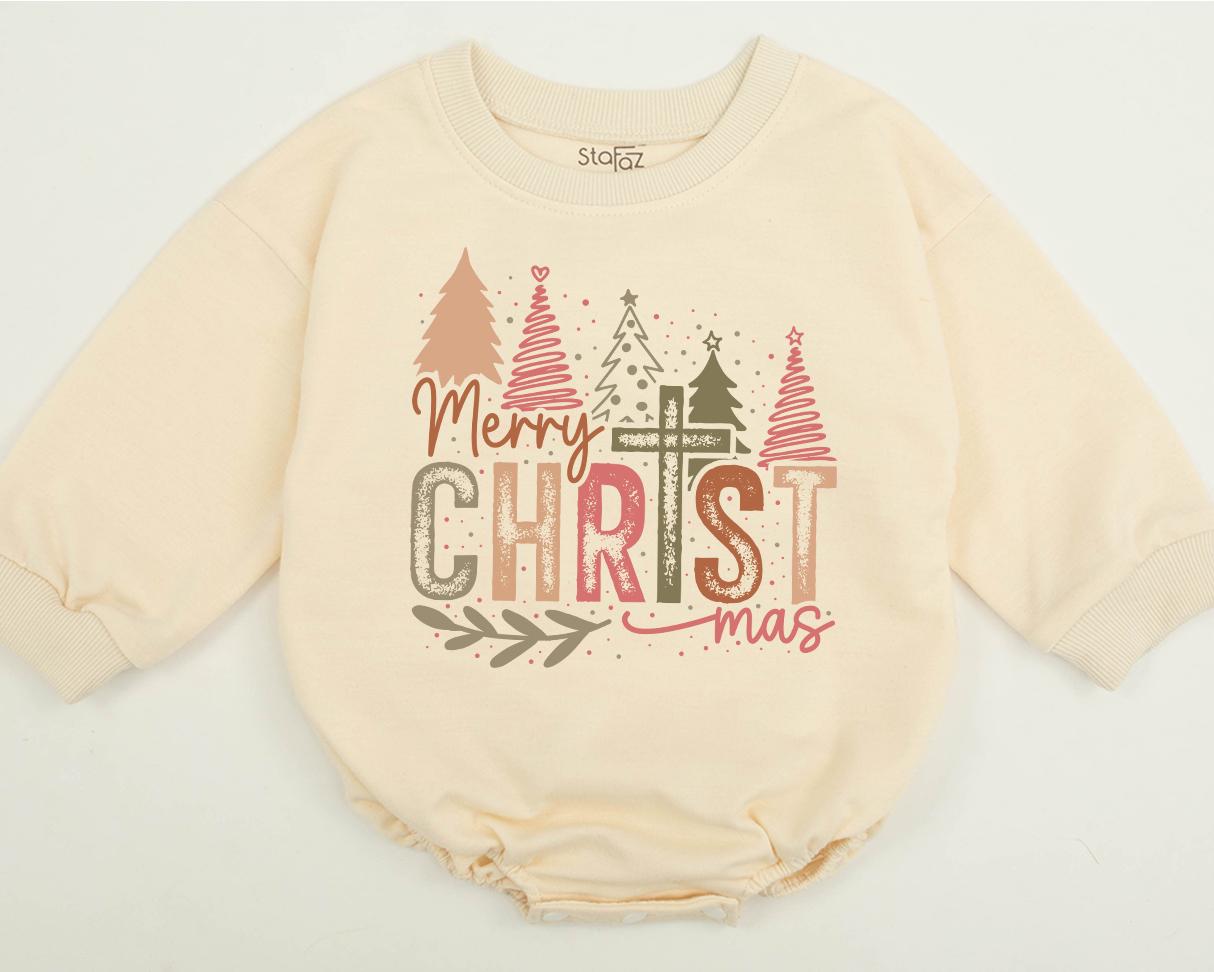 Merry Christ-mas Baby Outfit Bubble Romper Whimsical Christian Xmas Tree Cross Toddler Sweatshirt Soft Green Pink Brown Holiday Baby Shower Gift Family Matching