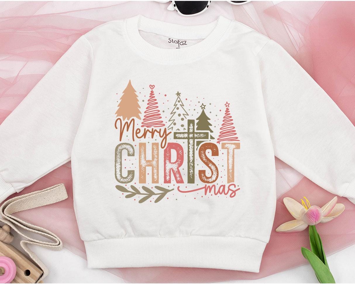 Merry Christ-mas Baby Outfit Bubble Romper Whimsical Christian Xmas Tree Cross Toddler Sweatshirt Soft Green Pink Brown Holiday Baby Shower Gift Family Matching