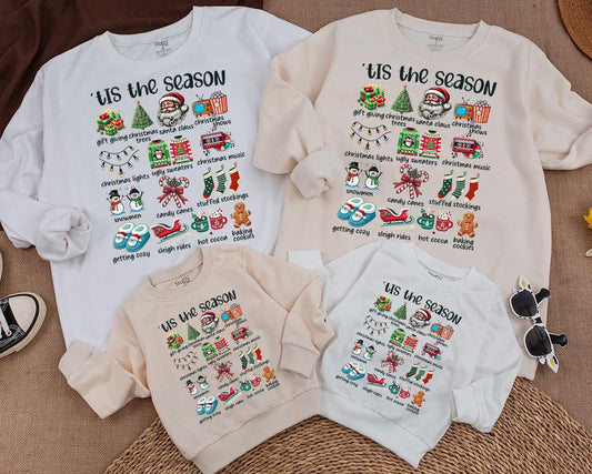 Matching 'Tis the Season Christmas Family Sweatshirts & Baby Romper Set | Retro Holiday Design for Baby & Toddler