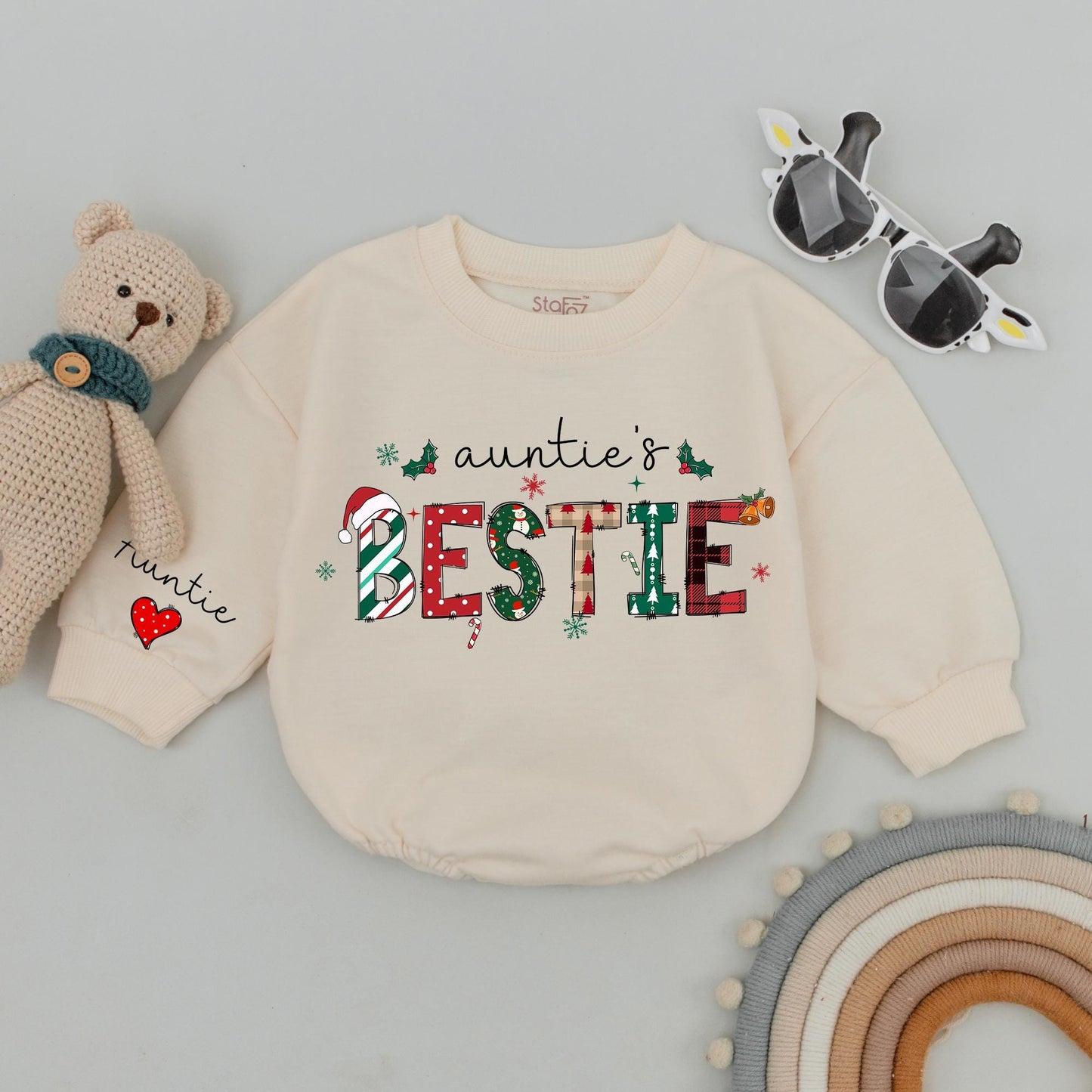 Personalized Auntie & Bestie Christmas Sweatshirts Festive Red Green Stripe Snowman Plaid Holly Candy Cane Santa Hat Whimsical Holiday Gift for Aunt Nephew