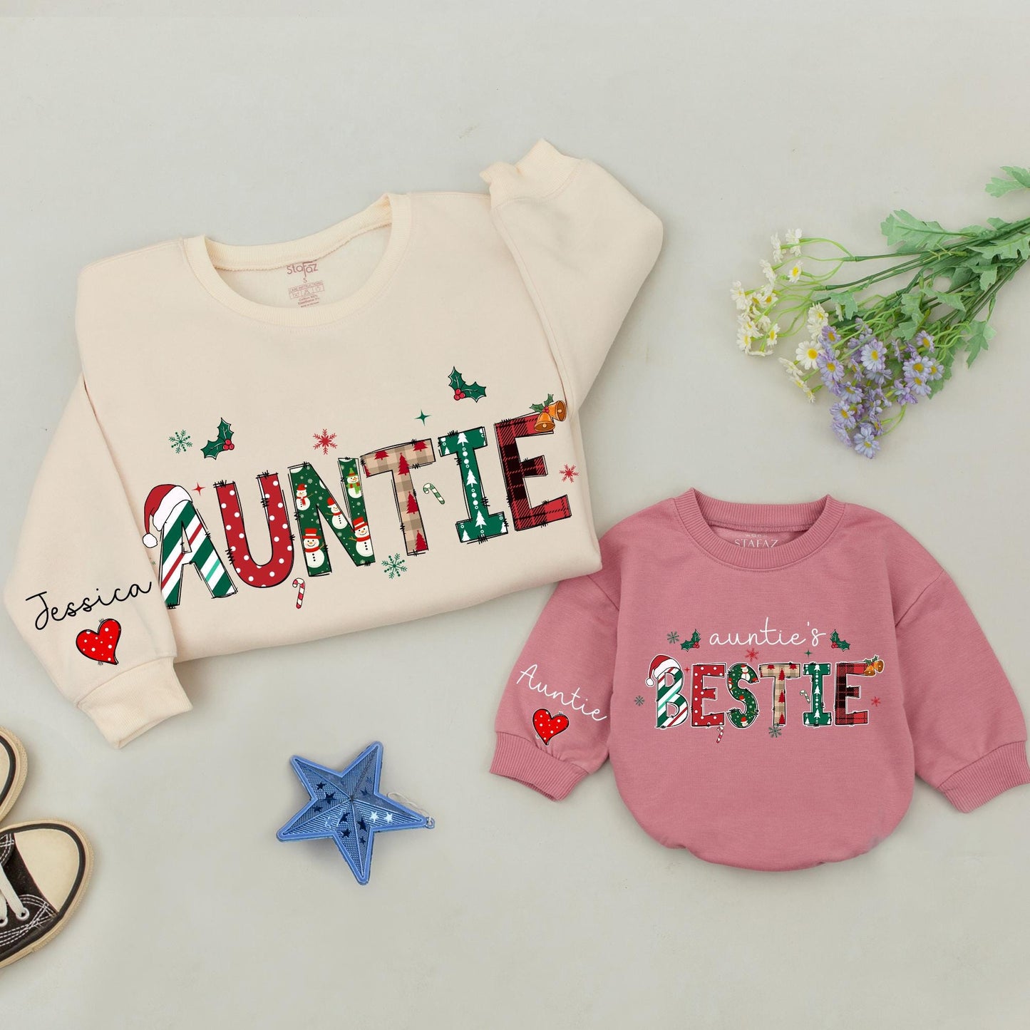 Personalized Auntie & Bestie Christmas Sweatshirts Festive Red Green Stripe Snowman Plaid Holly Candy Cane Santa Hat Whimsical Holiday Gift for Aunt Nephew