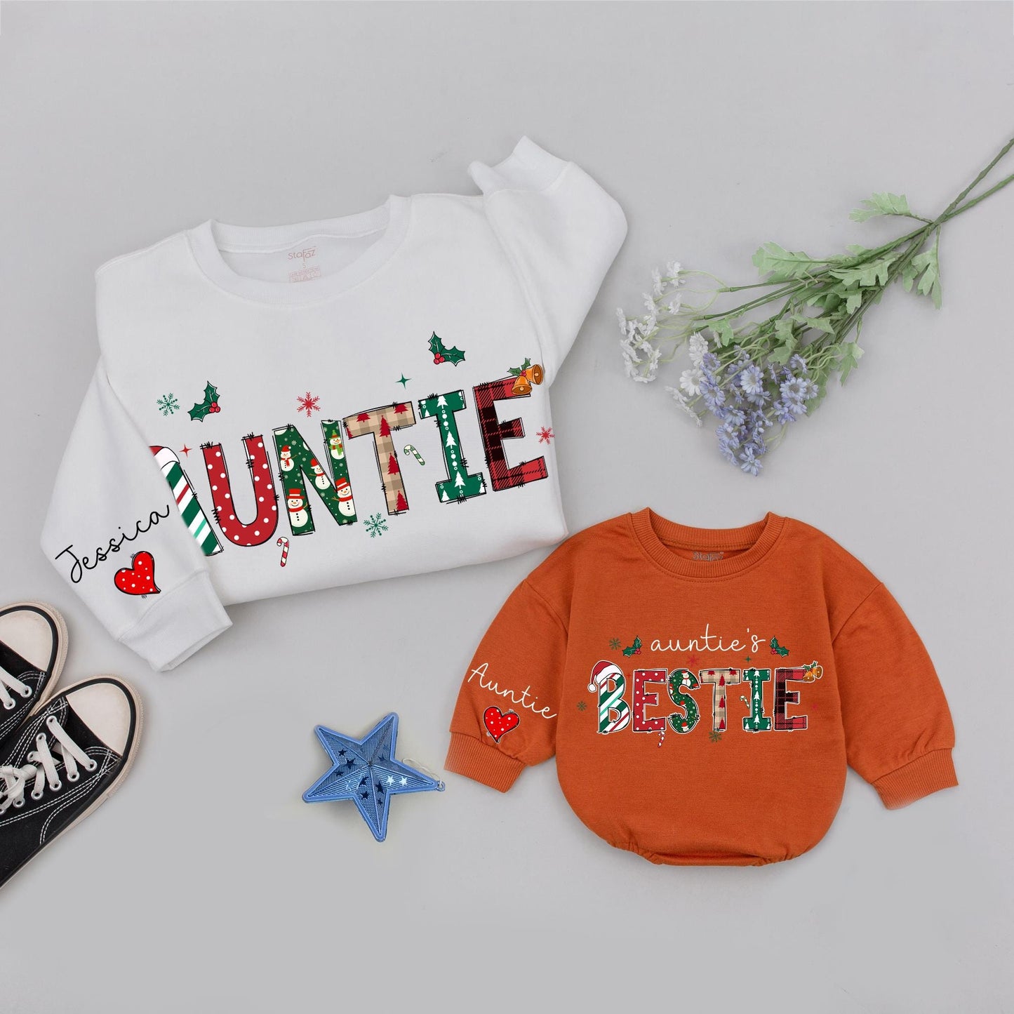 Personalized Auntie & Bestie Christmas Sweatshirts Festive Red Green Stripe Snowman Plaid Holly Candy Cane Santa Hat Whimsical Holiday Gift for Aunt Nephew