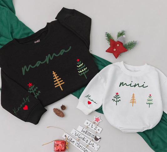Matching Mama & Mini Christmas Sweatshirts, Family Outfit, Custom Name Sleeve, Dark Green Cursive, Christmas Tree, Baby Girl Gift
