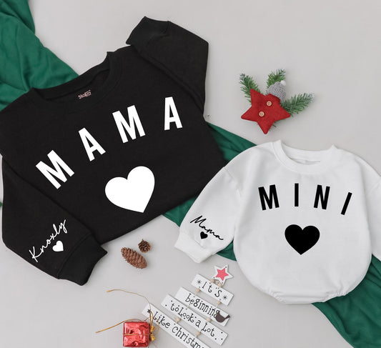 Personalized Mama and Mini Sweatshirt Knoxly Mama Sleeve Custom Black Heart Design Matching Family Outfits Baby Girl Gift