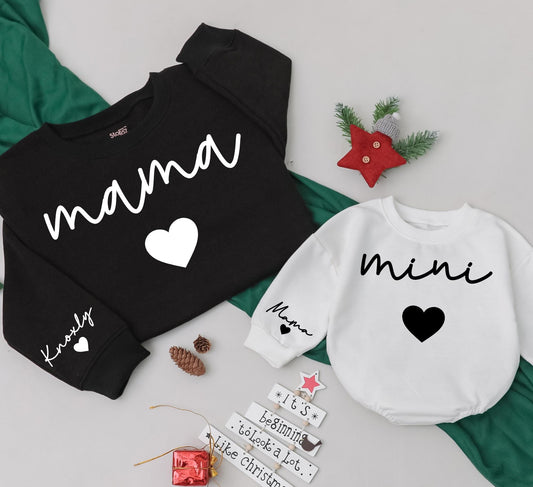 Personalized Mama and Mini Matching Sweatshirts for Mom and Baby Girl with Sleeve Name Detail Minimalist Modern Family Christmas Gift